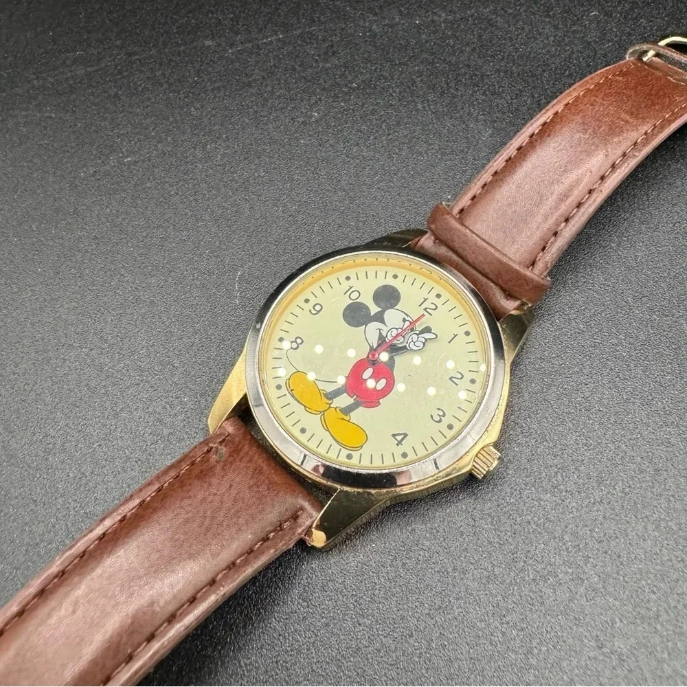 Vintage Mickey Mouse Disney Wide Face Analog Watch with Brown Leather Band